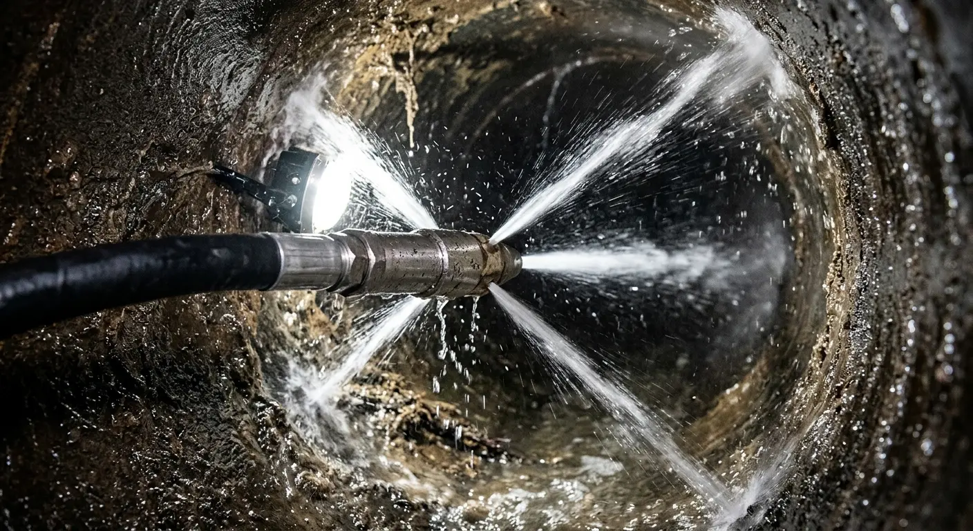 High-pressure hydro jetting nozzle cleaning sewer pipe for Emergency Drain Service in Newton
