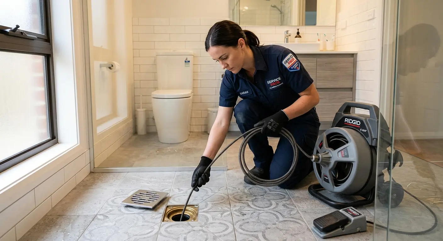 Technician clearing a bathroom floor drain for Drain Repair in Newton
